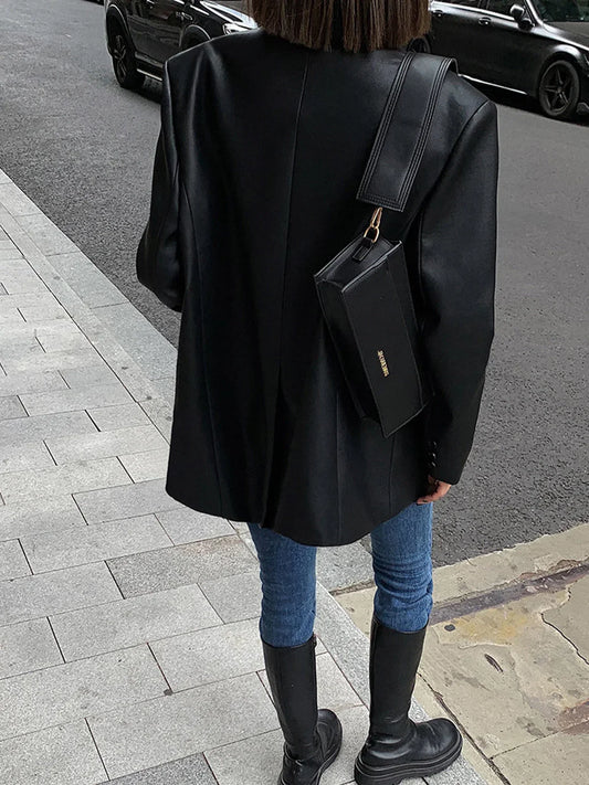 Women's Oversized Faux Leather Blazer Coat for Daily Use