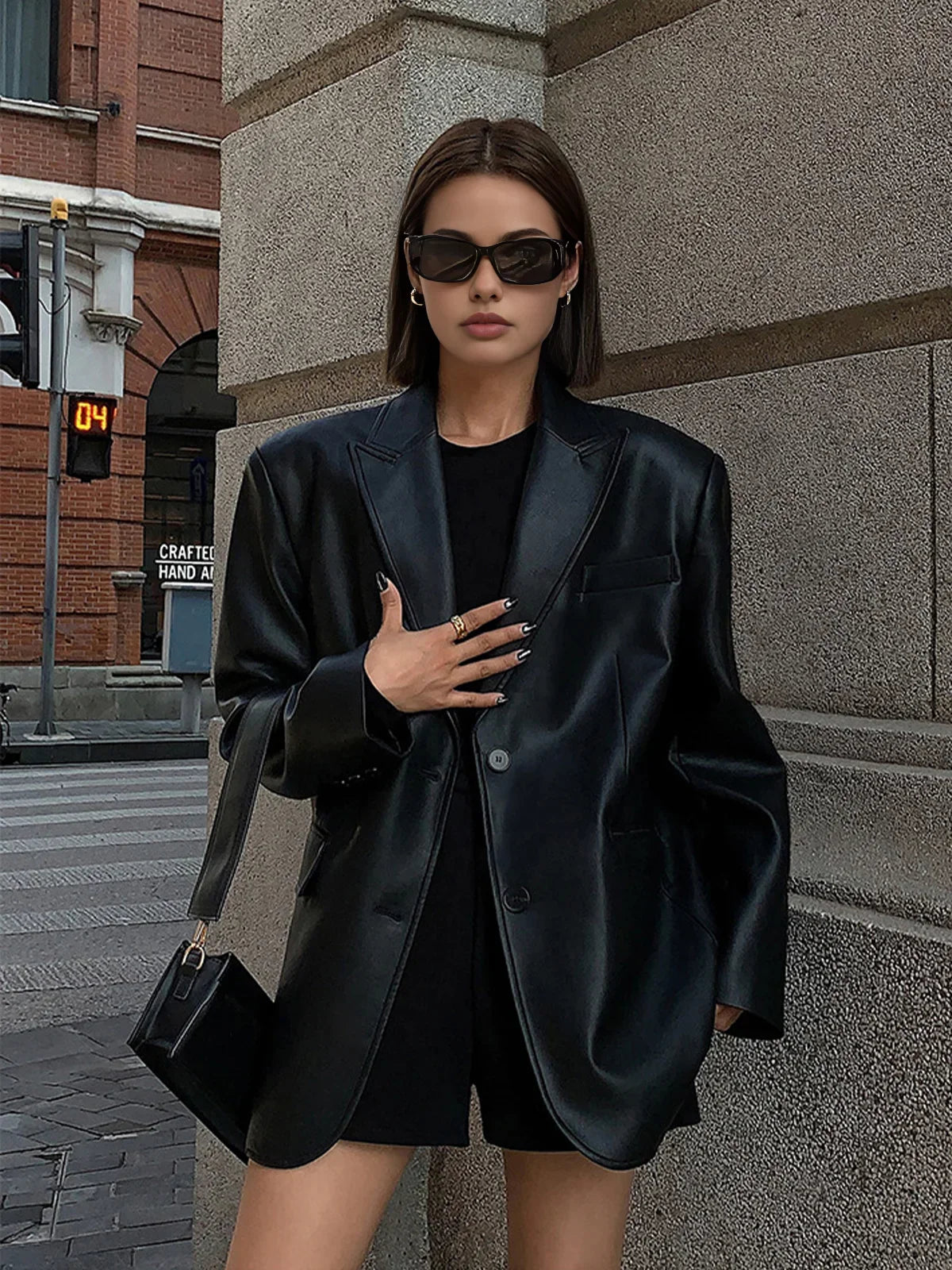 Women's Oversized Faux Leather Blazer Coat for Daily Use