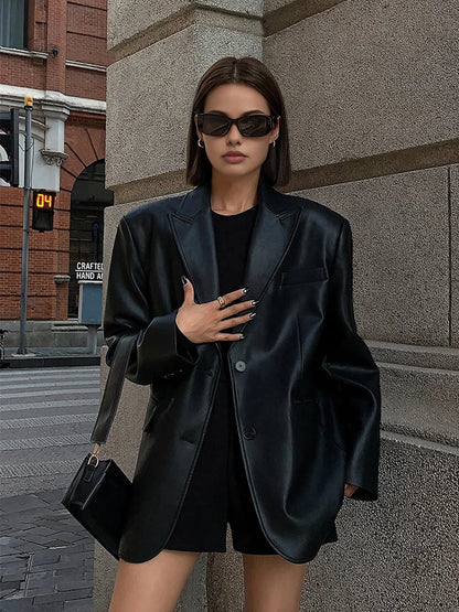 Women's Oversized Faux Leather Blazer Coat for Daily Use