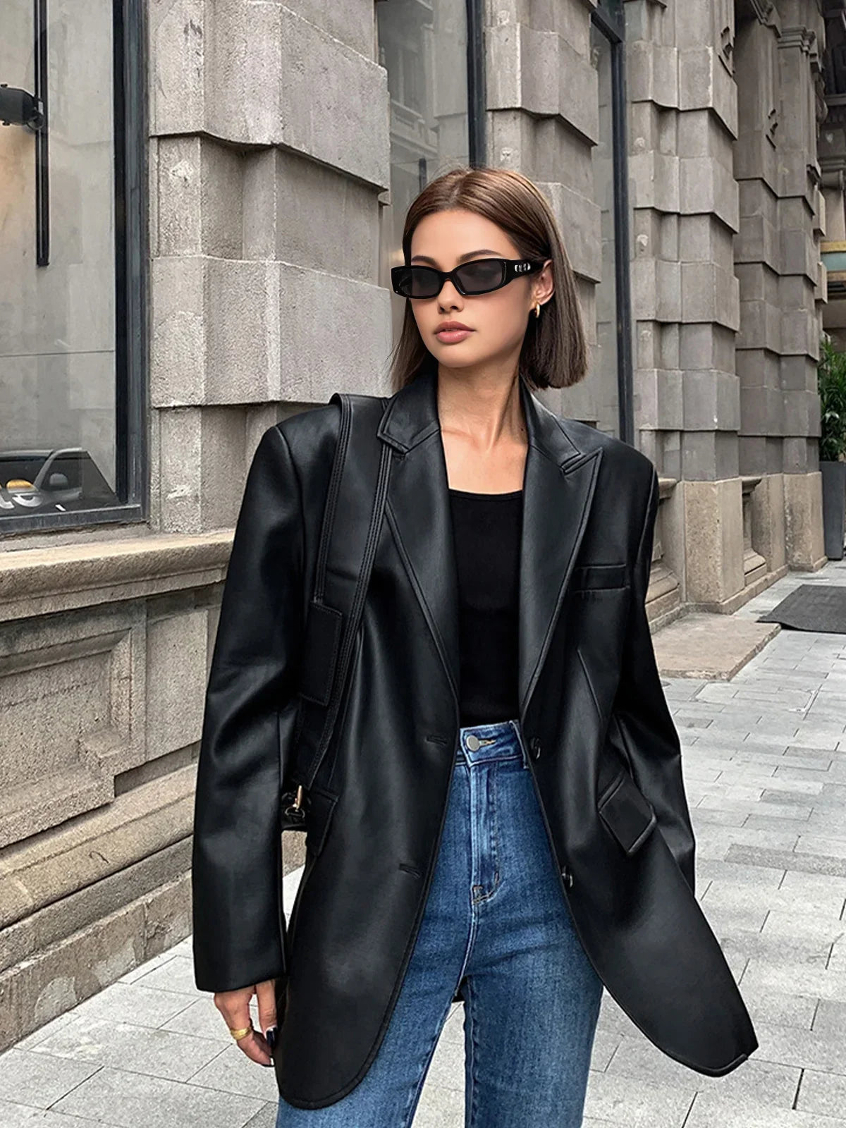 Women's Oversized Faux Leather Blazer Coat for Daily Use