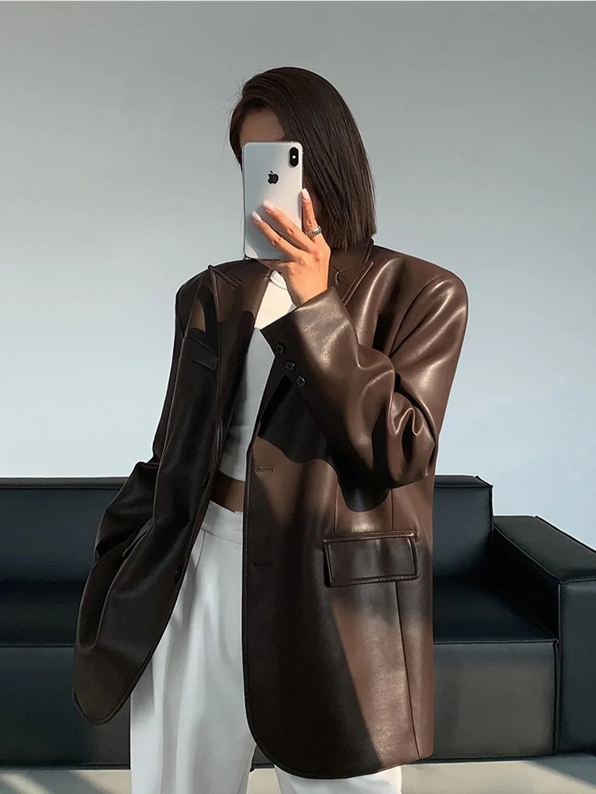 Women's Oversized Faux Leather Blazer Coat for Daily Use Brown