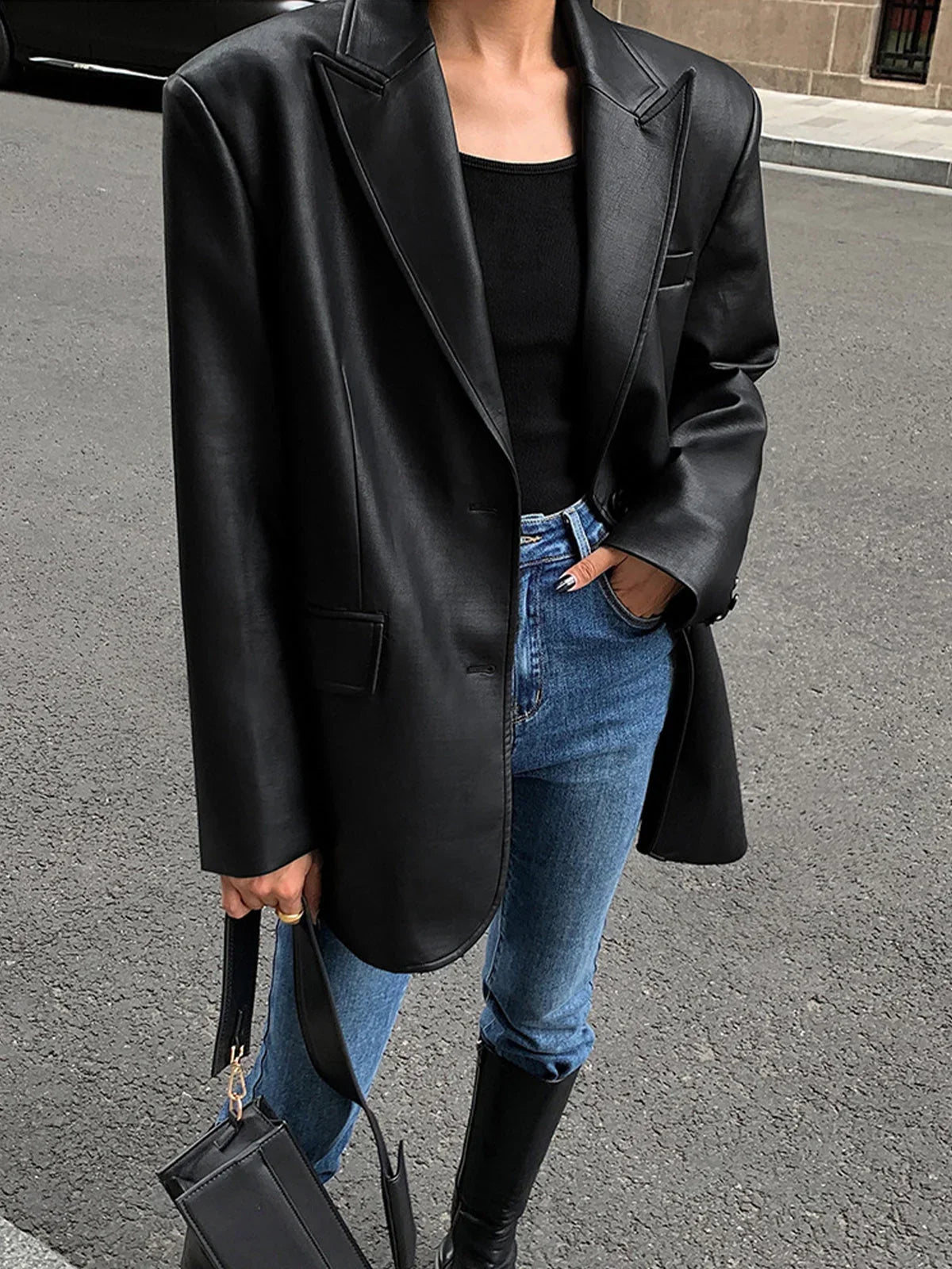 Women's Oversized Faux Leather Blazer Coat for Daily Use