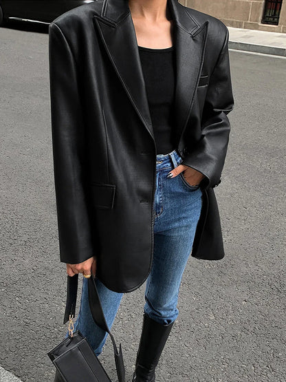 Women's Oversized Faux Leather Blazer Coat for Daily Use