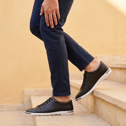 Men's Genuine Leather Casual Low Top Sneakers for Daily Use Black