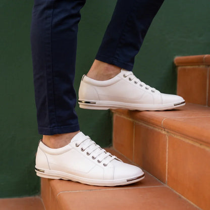 Men's Genuine Leather Casual Low Top Sneakers for Daily Use White