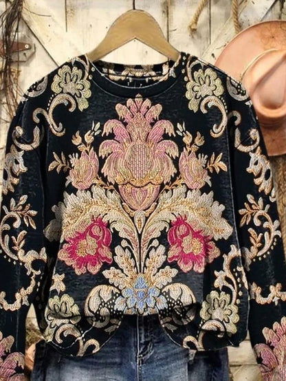 Women's Floral Geometric Pullover Sweatshirt for Daily Use Black
