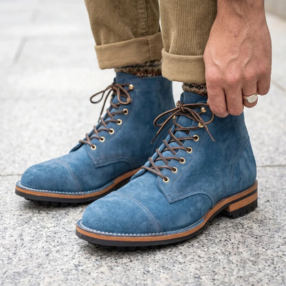 Men's Lace-Up Moc Toe Boots for Fall and Winter Everyday Wear Blue