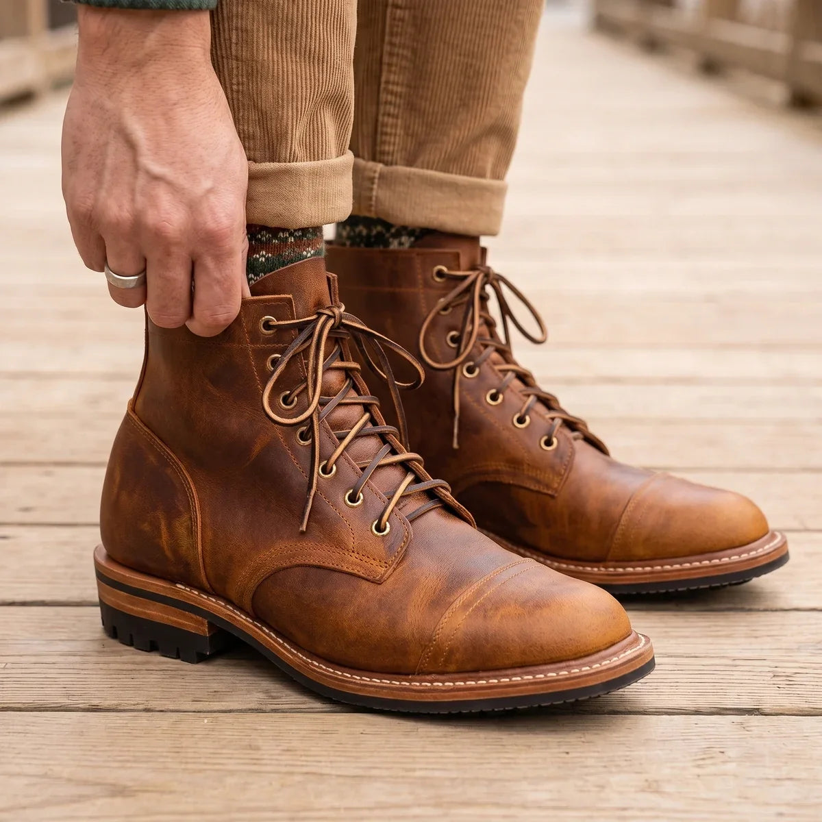 Men's Lace-Up Moc Toe Boots for Fall and Winter Everyday Wear Brown