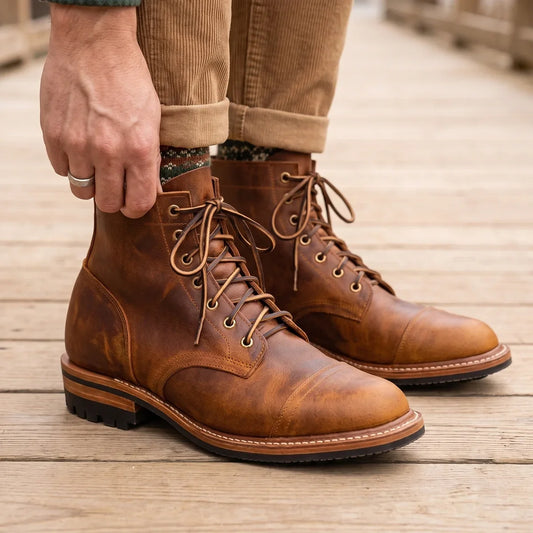Men's Lace-Up Moc Toe Boots for Fall and Winter Everyday Wear Brown