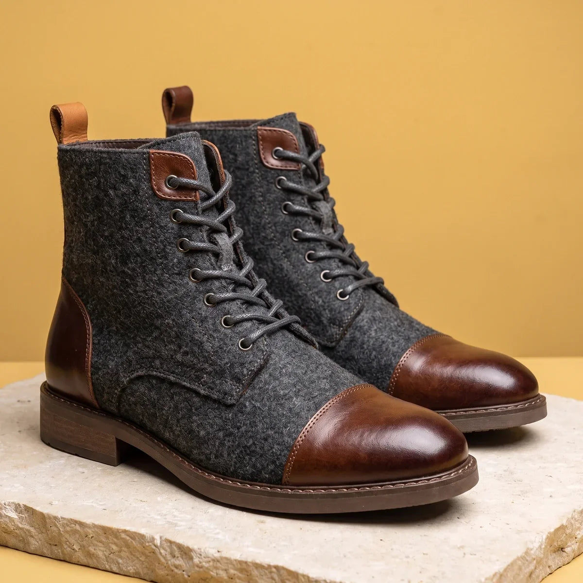Men's Leather Wool Cap Toe Boots for Fall and Winter Everyday Wear Brown