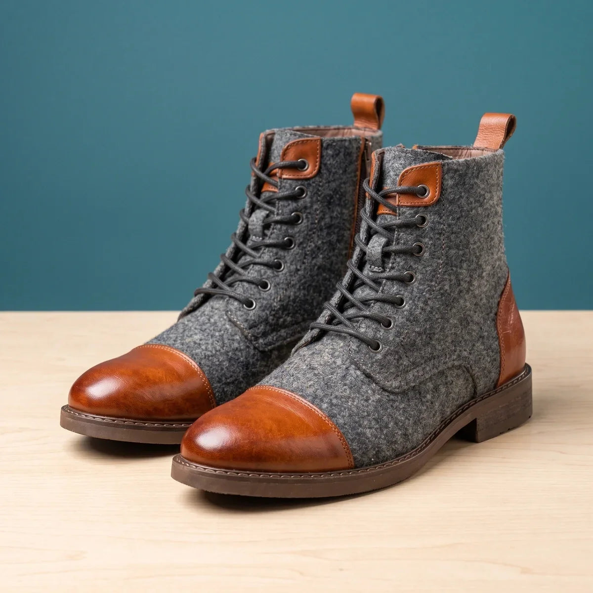 Men's Leather Wool Cap Toe Boots for Fall and Winter Everyday Wear Cognac