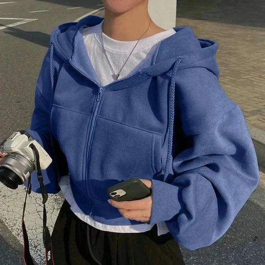 Women's Cropped Oversized Zip-Up Hoodie with Pockets for Daily Use Royal Blue