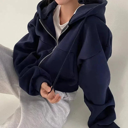 Women's Cropped Oversized Zip-Up Hoodie with Pockets for Daily Use Navy Blue