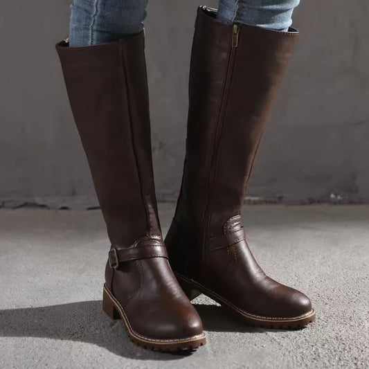 Women's Refined Knee High Boots with Buckle and Block Heel Dark Brown