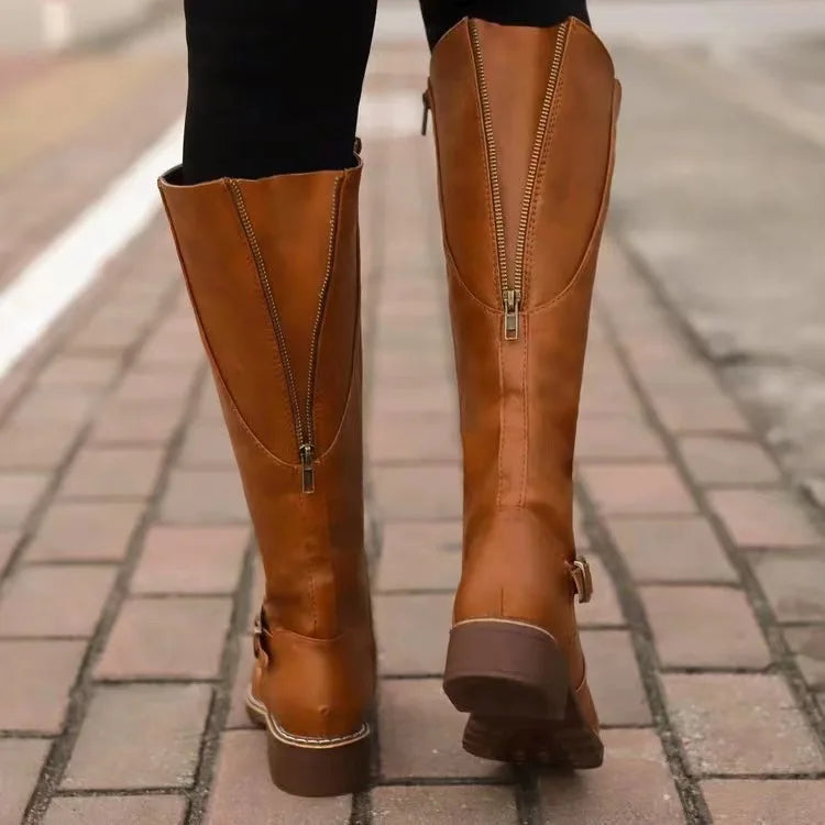 Women's Stylish Knee High Boots with Buckle and Zip for Daily Use
