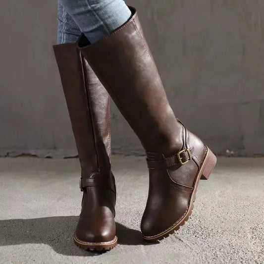 Women's Refined Knee High Boots with Buckle and Block Heel