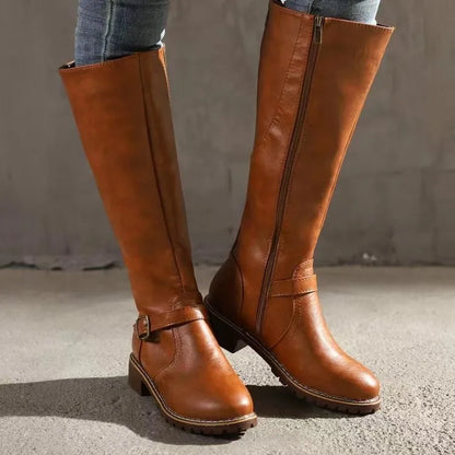 Women's Stylish Knee High Boots with Buckle and Zip for Daily Use Light Brown