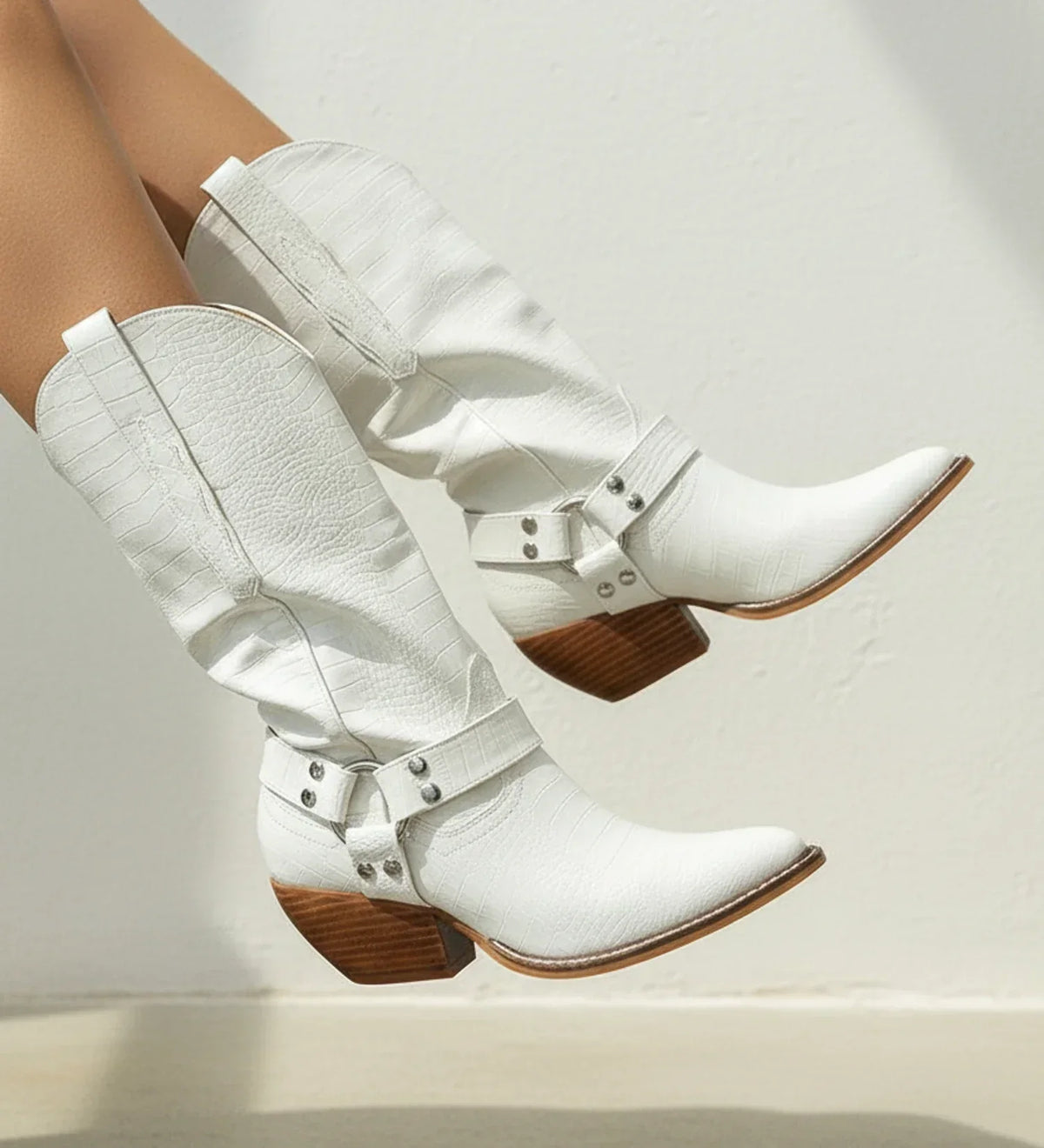 Women's Refined Pointed Toe Mid Calf Cowboy Boots for Daily Use White