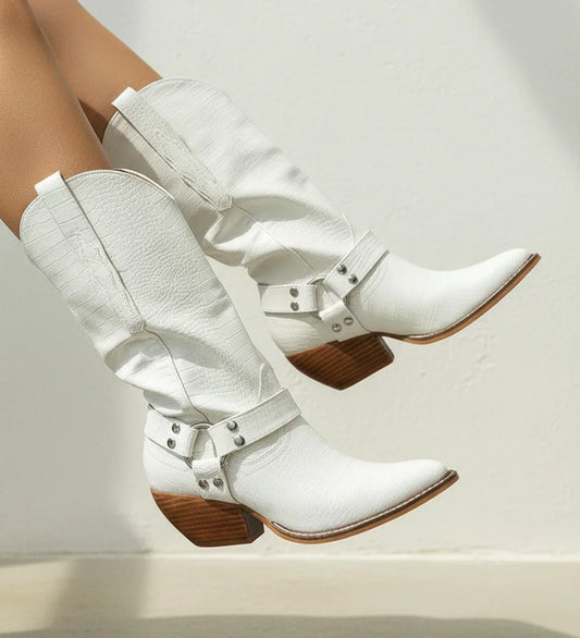 Women's Refined Pointed Toe Mid Calf Cowboy Boots for Daily Use White