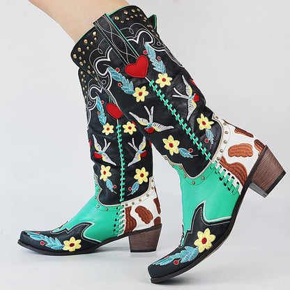 Women's Stylish Heart Embroidered Mid Calf Cowboy Boots