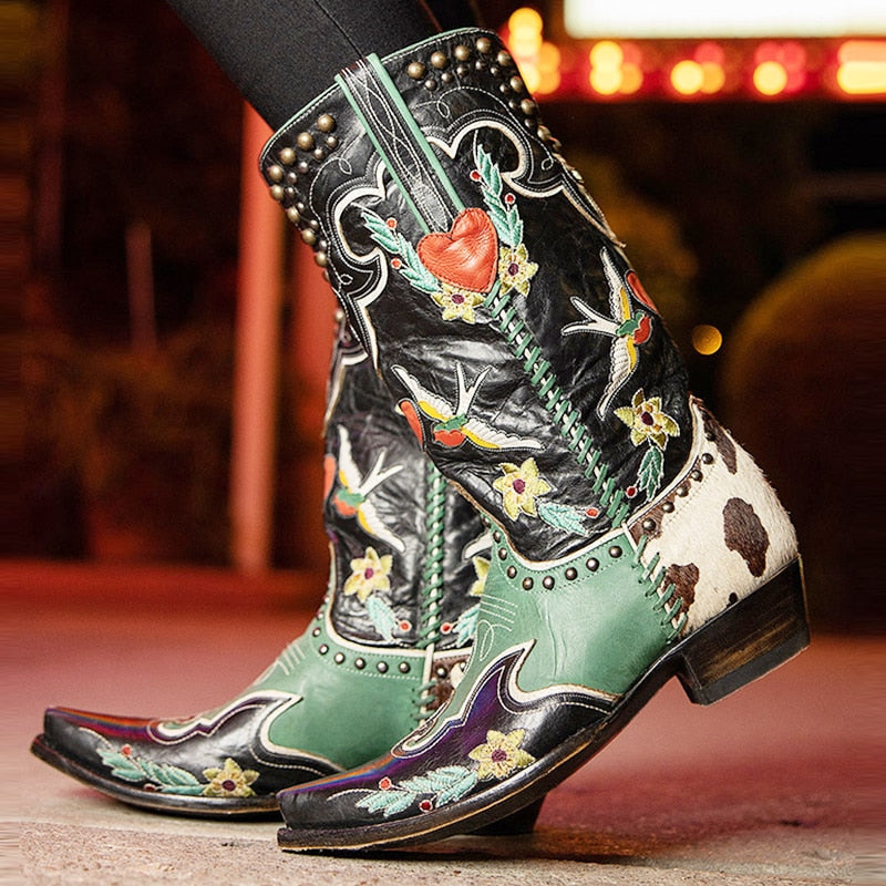 Women's Stylish Heart Embroidered Mid Calf Cowboy Boots