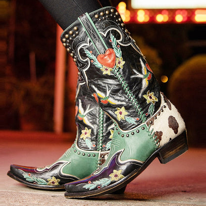 Women's Stylish Heart Embroidered Mid Calf Cowboy Boots