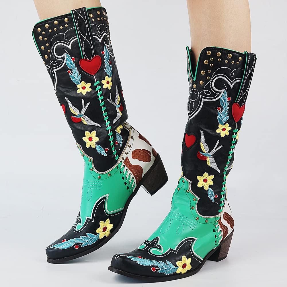 Women's Stylish Heart Embroidered Mid Calf Cowboy Boots