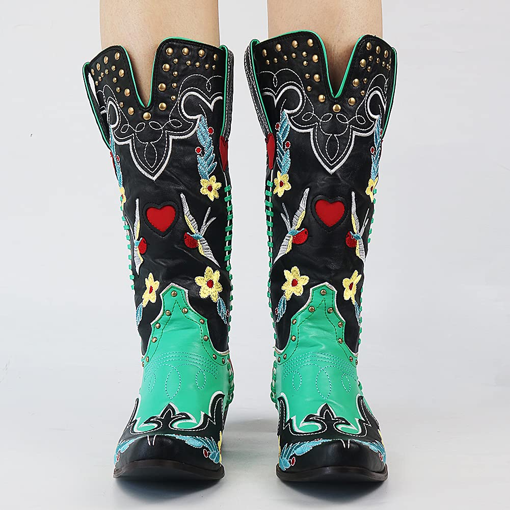 Women's Stylish Heart Embroidered Mid Calf Cowboy Boots