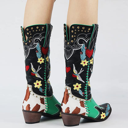 Women's Stylish Heart Embroidered Mid Calf Cowboy Boots