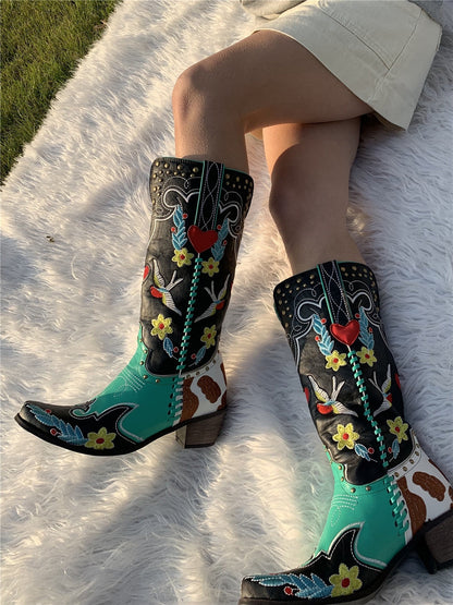 Women's Stylish Heart Embroidered Mid Calf Cowboy Boots Black