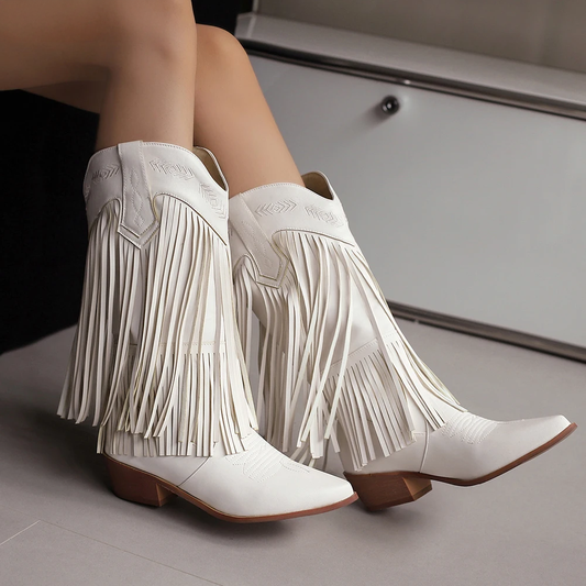 Women's Elegant Layered Fringe Embroidered Cowboy Boots White