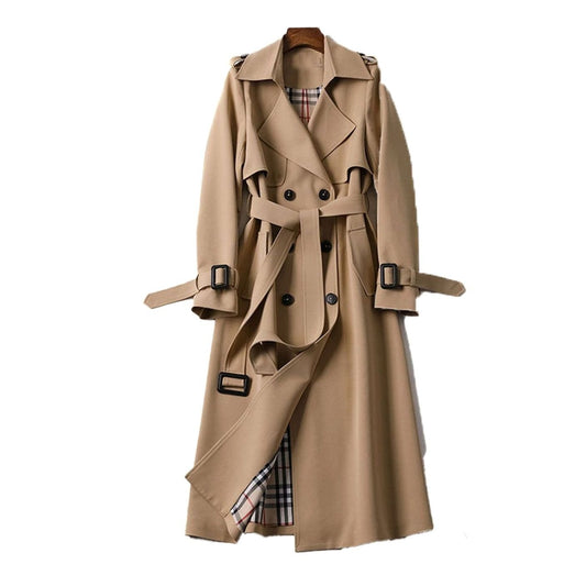 Women's Double-Breasted Belted Trench Coat for Daily Use Beige
