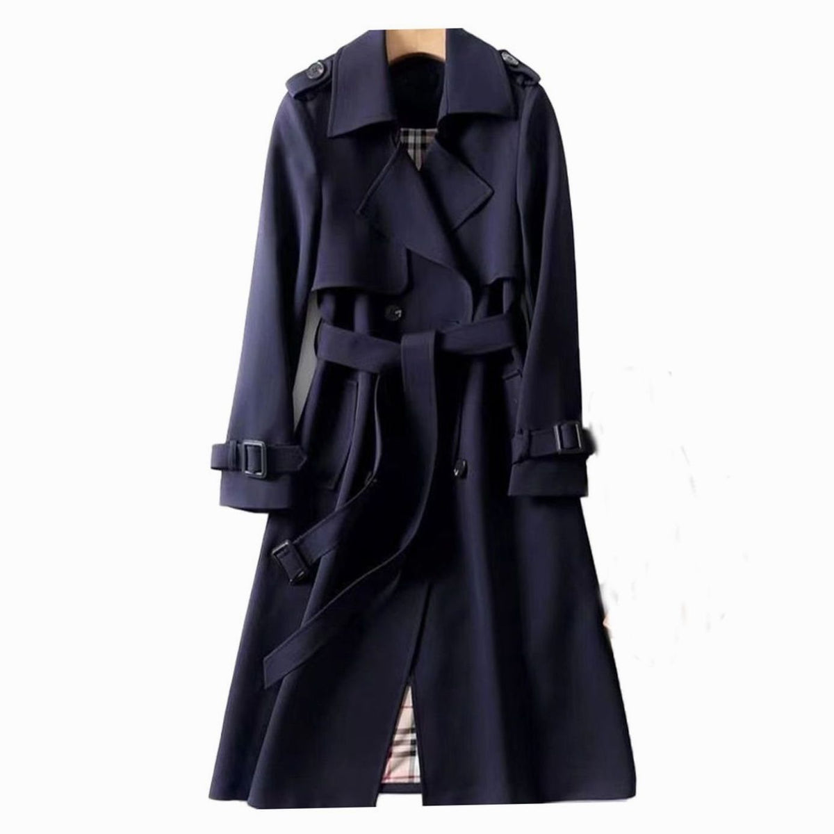 Women's Double-Breasted Belted Trench Coat for Daily Use Navy