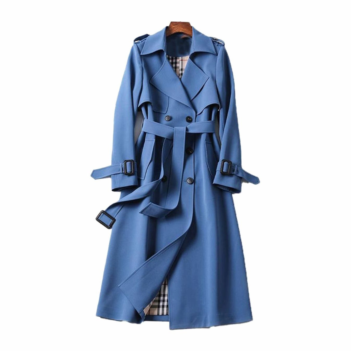 Women's Double-Breasted Belted Trench Coat for Daily Use Blue