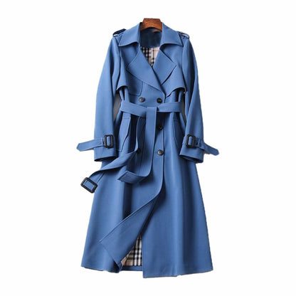 Women's Double-Breasted Belted Trench Coat for Daily Use Blue