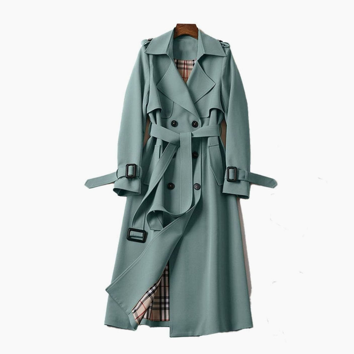 Women's Double-Breasted Belted Trench Coat for Daily Use Green
