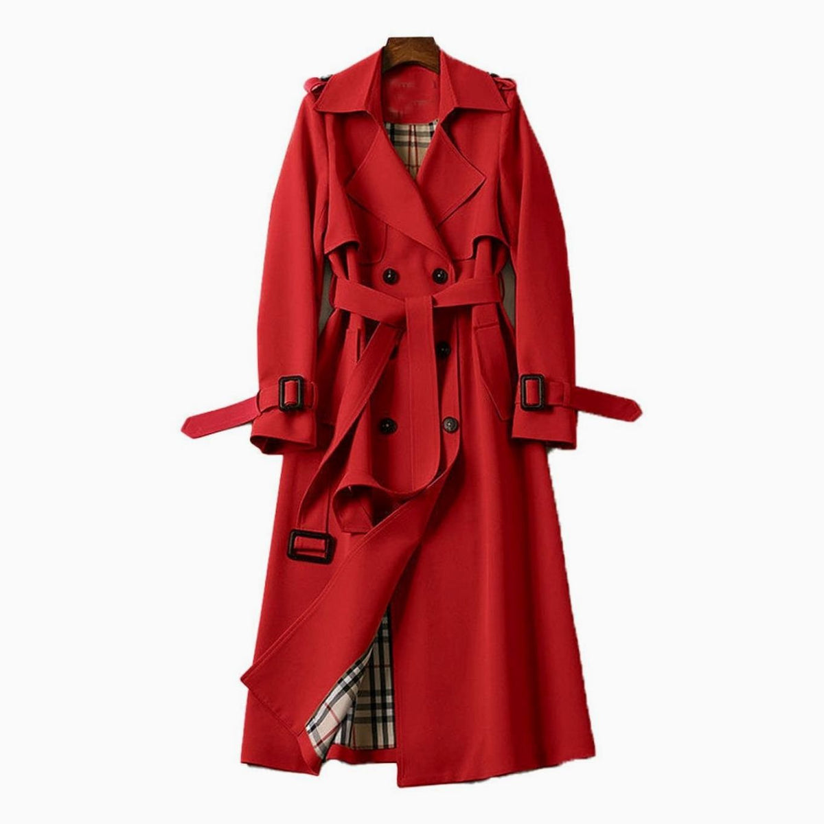 Women's Double-Breasted Belted Trench Coat for Daily Use Red