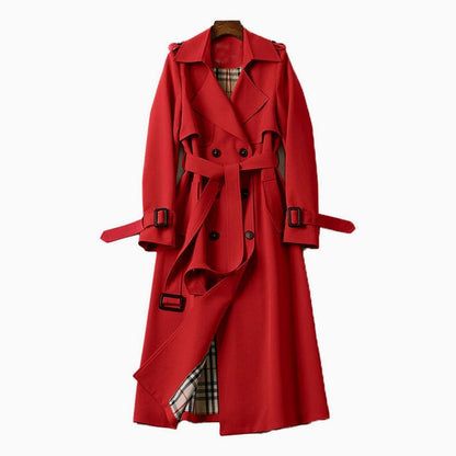 Women's Double-Breasted Belted Trench Coat for Daily Use Red