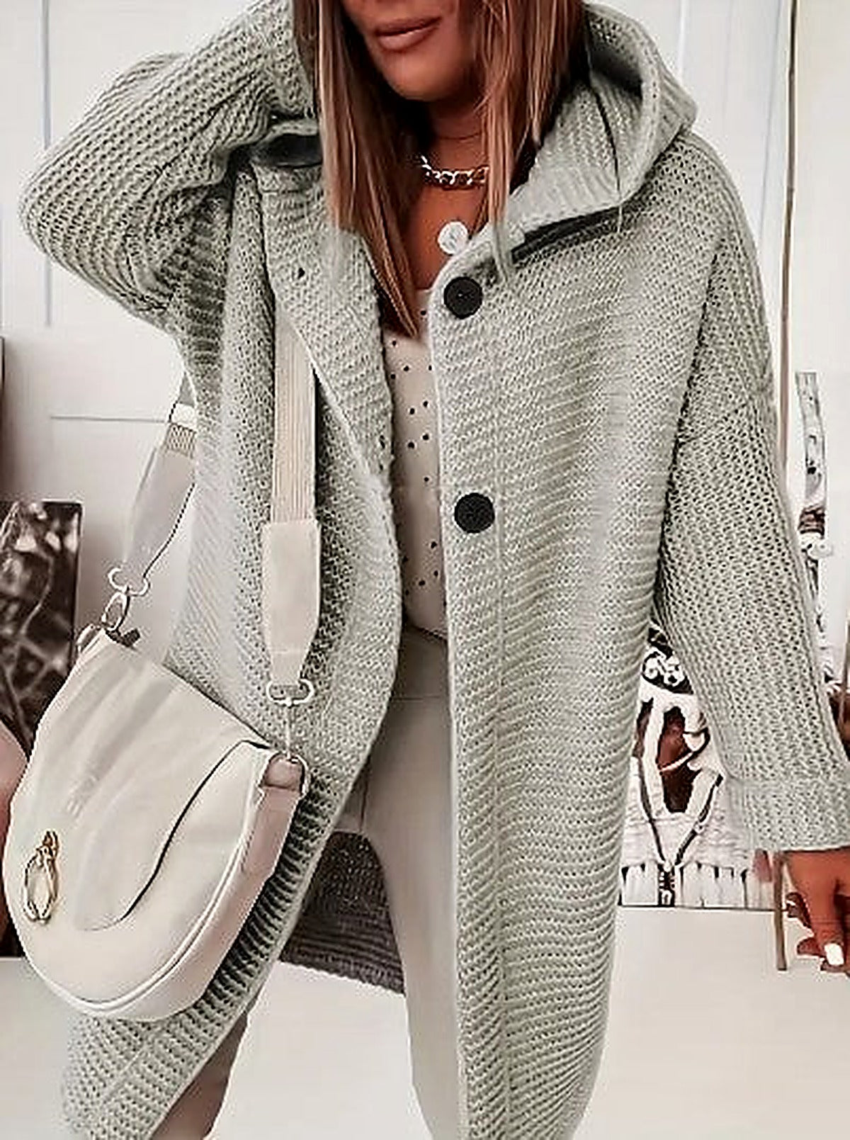 Women's Light Pink Hooded Oversized Cardigan for Fall and Winter