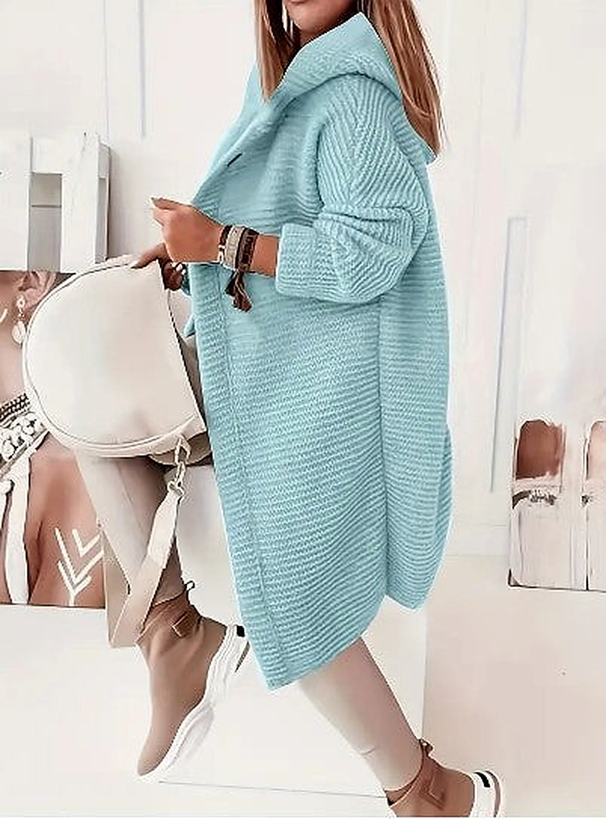Women's Light Pink Hooded Oversized Cardigan for Fall and Winter