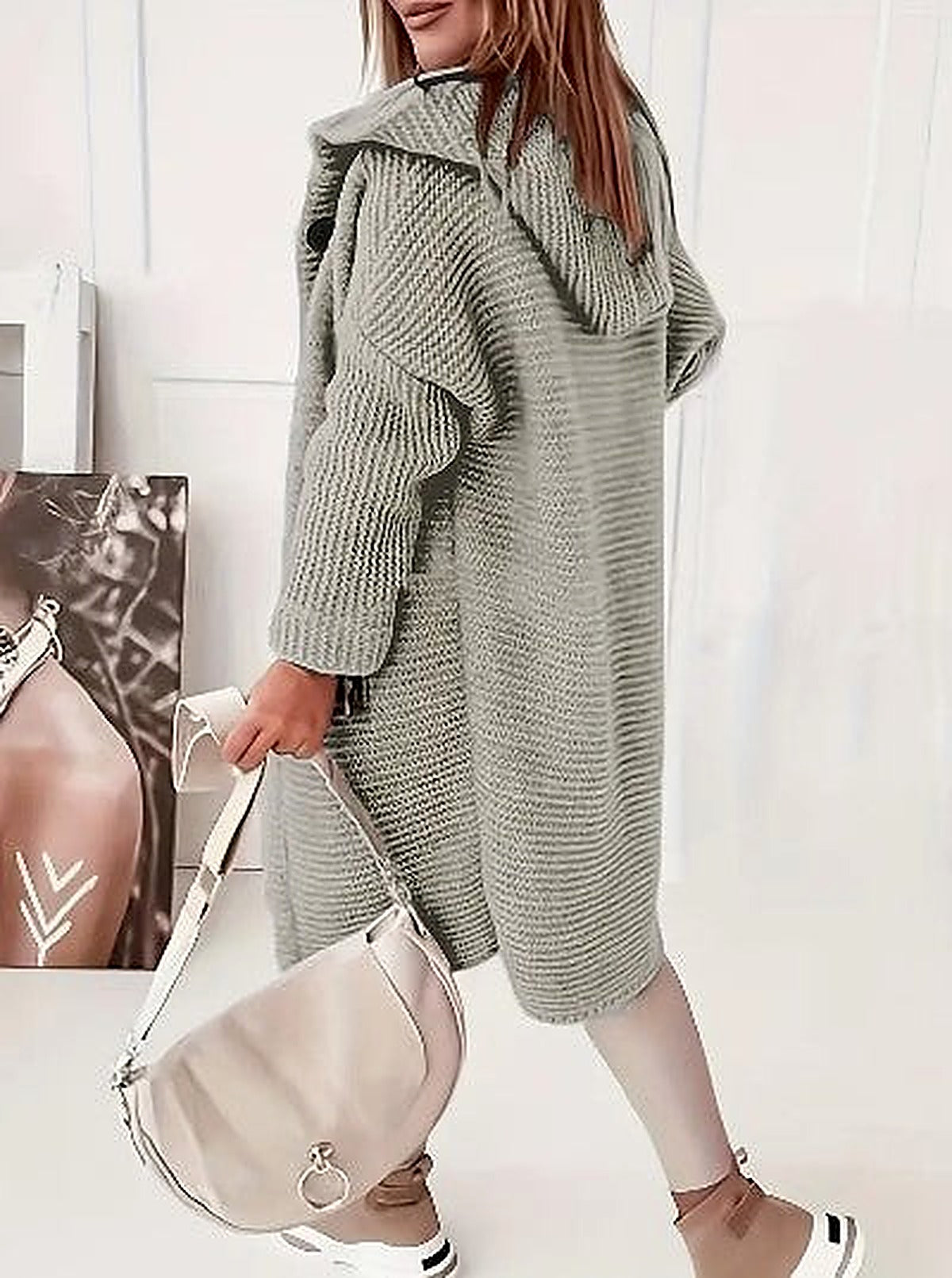 Women's Light Pink Hooded Oversized Cardigan for Fall and Winter