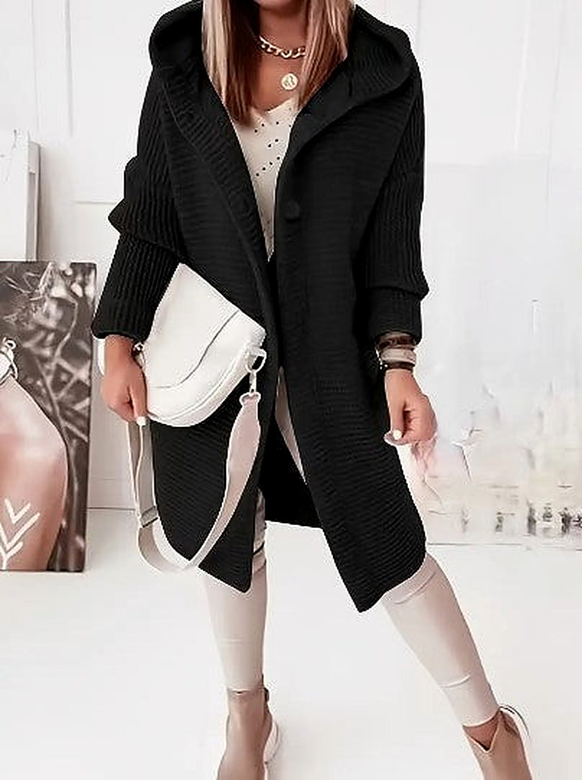 Women's Light Pink Hooded Oversized Cardigan for Fall and Winter