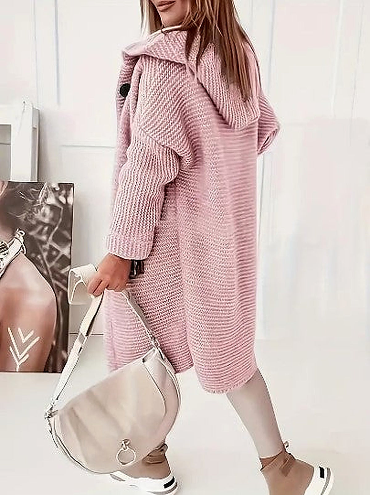 Women's Light Pink Hooded Oversized Cardigan for Fall and Winter