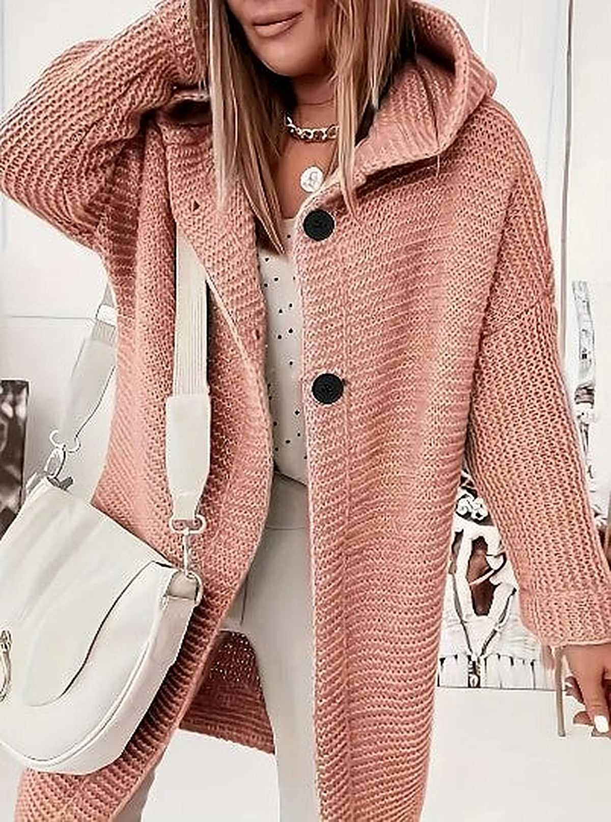 Women's Light Pink Hooded Oversized Cardigan for Fall and Winter