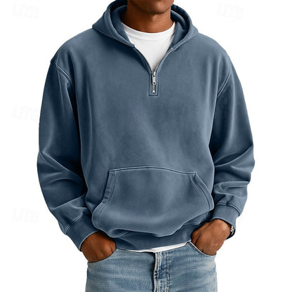 Men's Casual Quarter-Zip Hoodie for Fall and Winter Everyday Wear Navy Blue