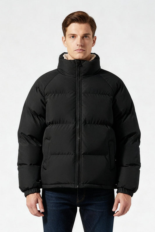 Men's Stylish Quilted Zip-Up Puffer Jacket for Daily Use Black