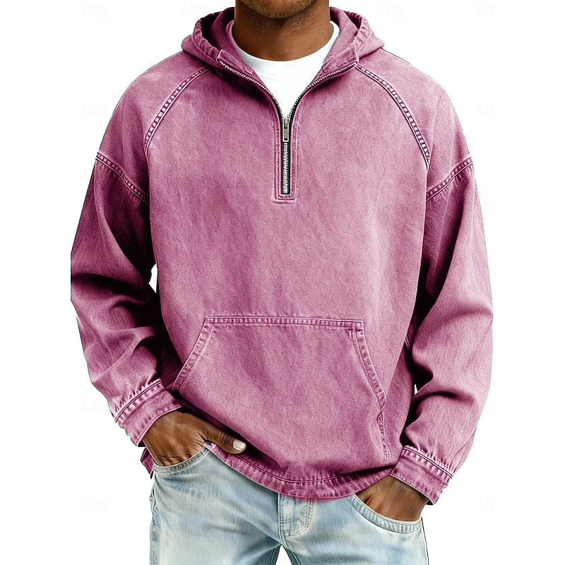 Men's Casual Washed Quarter-Zip Hoodie for Daily Use Warm