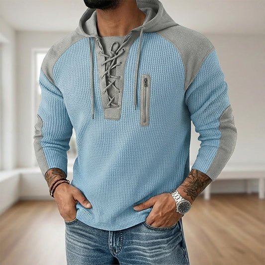 Men's Textured Lace-Up Sweatshirt for Fall and Winter Everyday Wear Light Blue